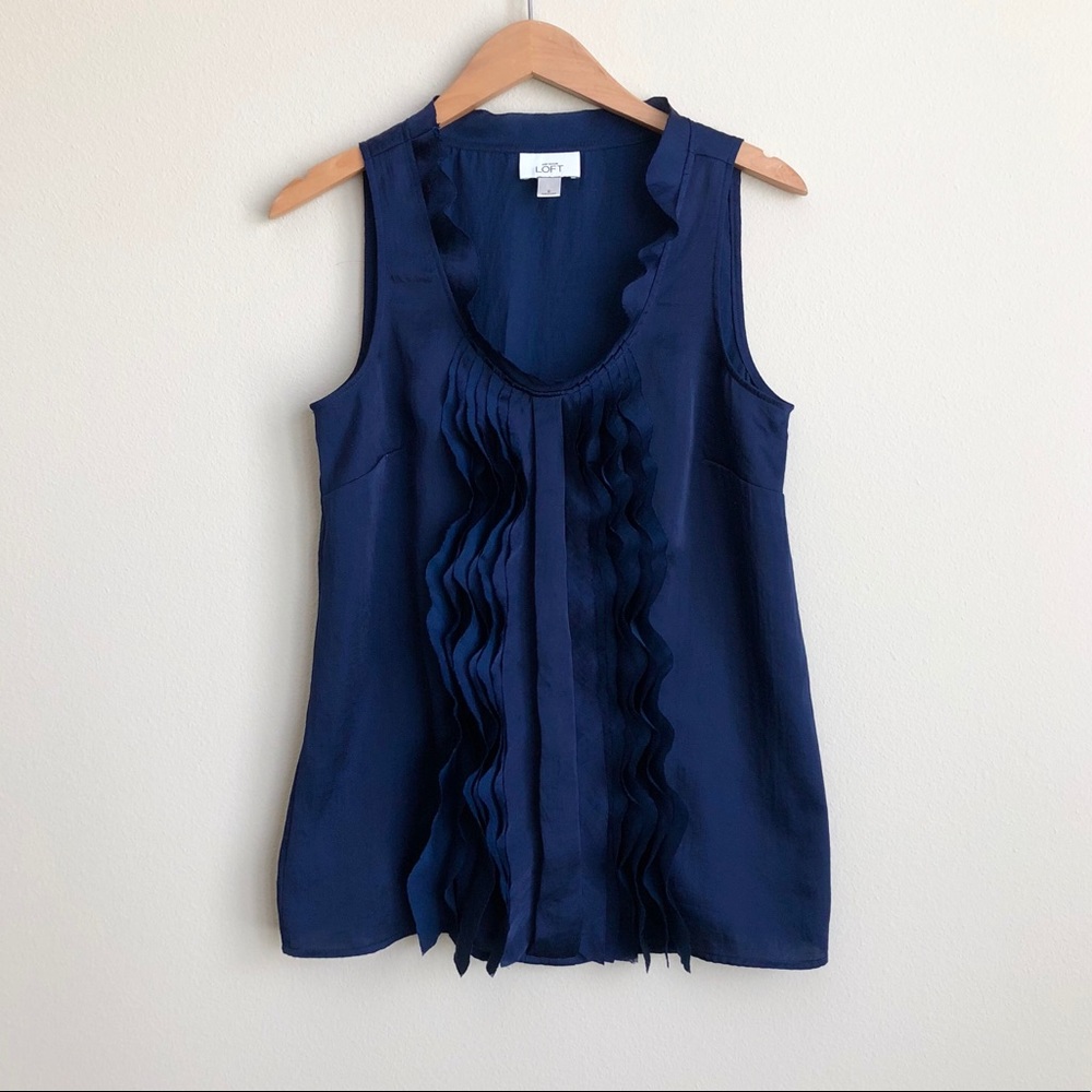 Loft Ruffles Frills Pleat Navy Blue Top Blouse